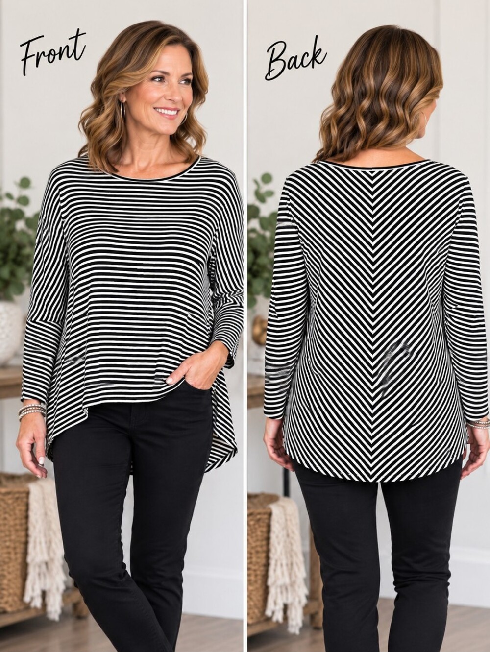 Chico's Size 1 Black White Stripe High Low Top Chevron Back Rayon Stretch